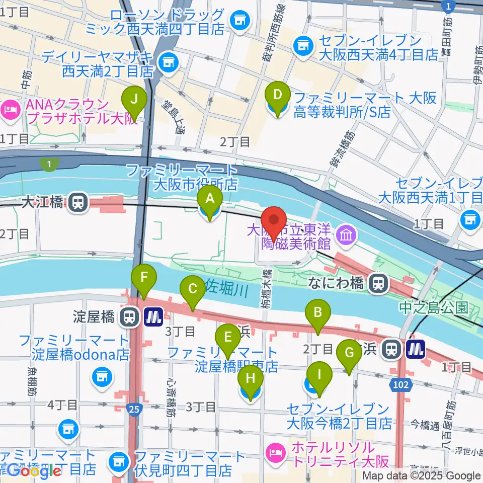大阪市中央公会堂周辺のコンビニエンスストア一覧地図