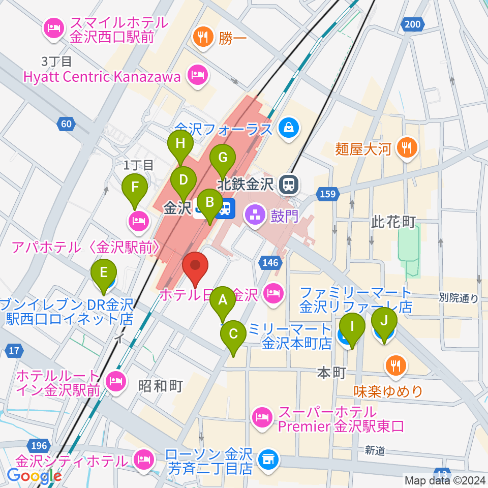 石川県立音楽堂周辺のコンビニエンスストア一覧地図