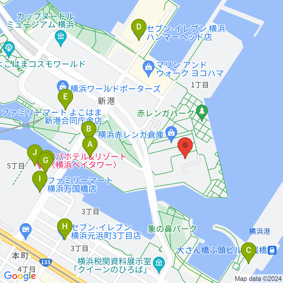 横浜赤レンガ倉庫1号館周辺のコンビニエンスストア一覧地図