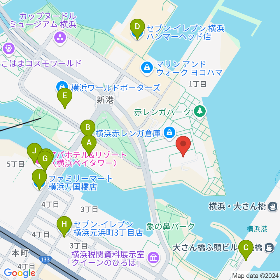 横浜赤レンガ倉庫1号館周辺のコンビニエンスストア一覧地図