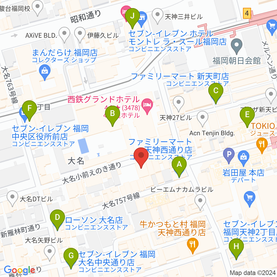福岡天神ROOMS周辺のコンビニエンスストア一覧地図