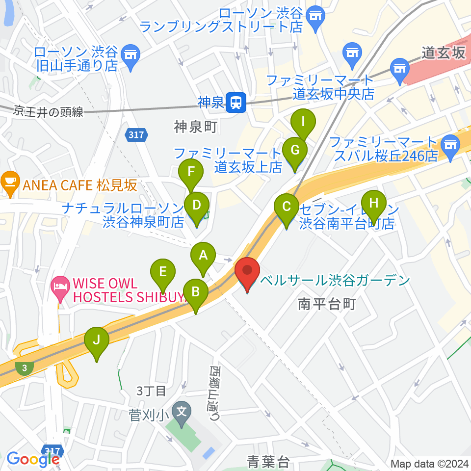 ベルサール渋谷ガーデン周辺のコンビニエンスストア一覧地図