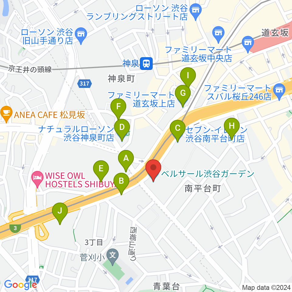 ベルサール渋谷ガーデン周辺のコンビニエンスストア一覧地図