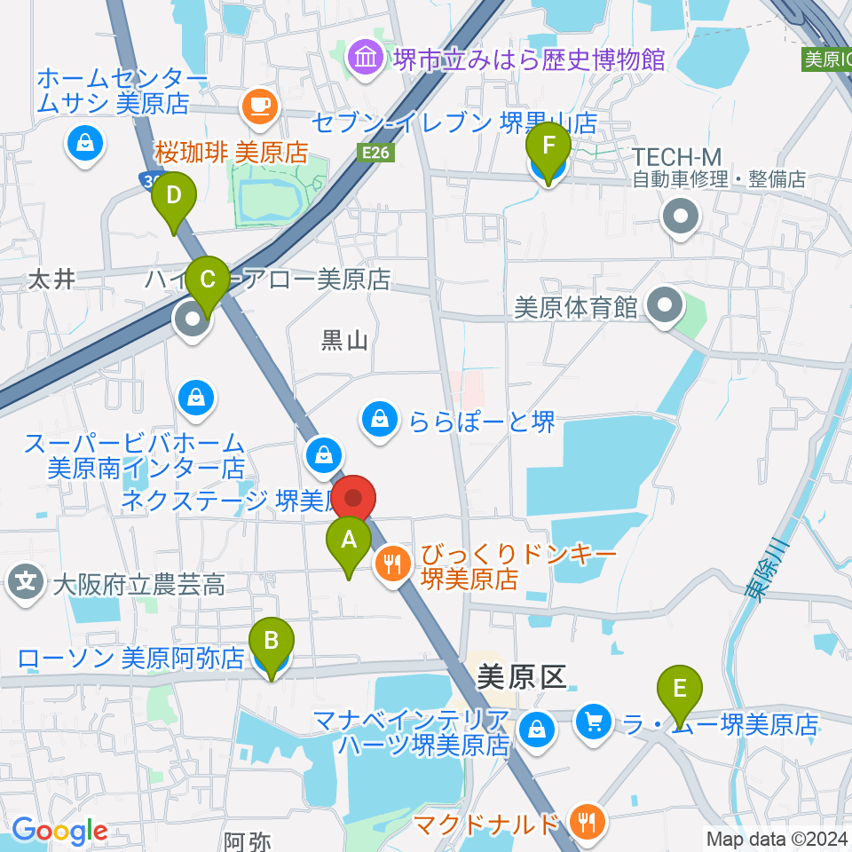 堺市立美原文化会館アルテベル周辺のコンビニエンスストア一覧地図