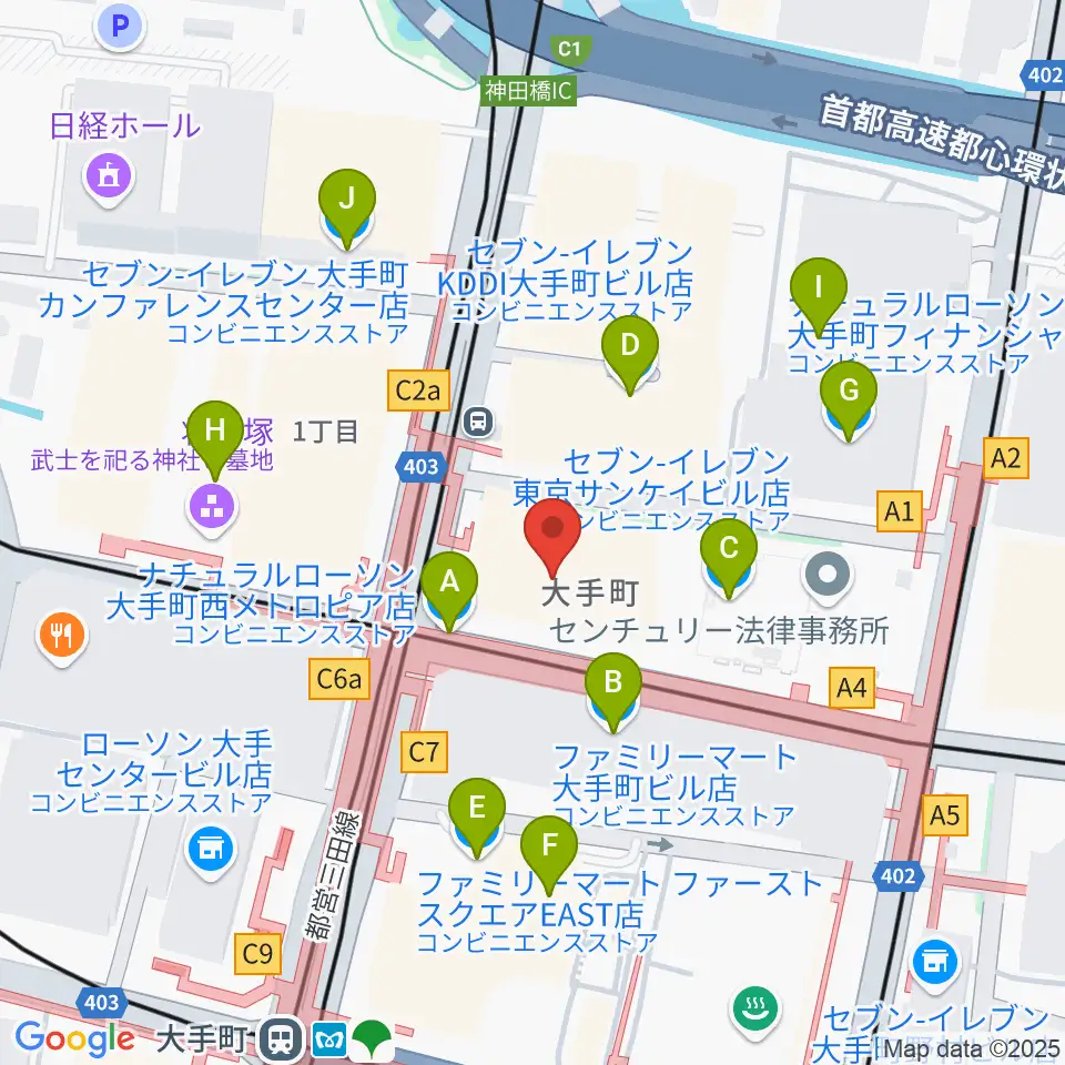 よみうり大手町ホール周辺のコンビニエンスストア一覧地図