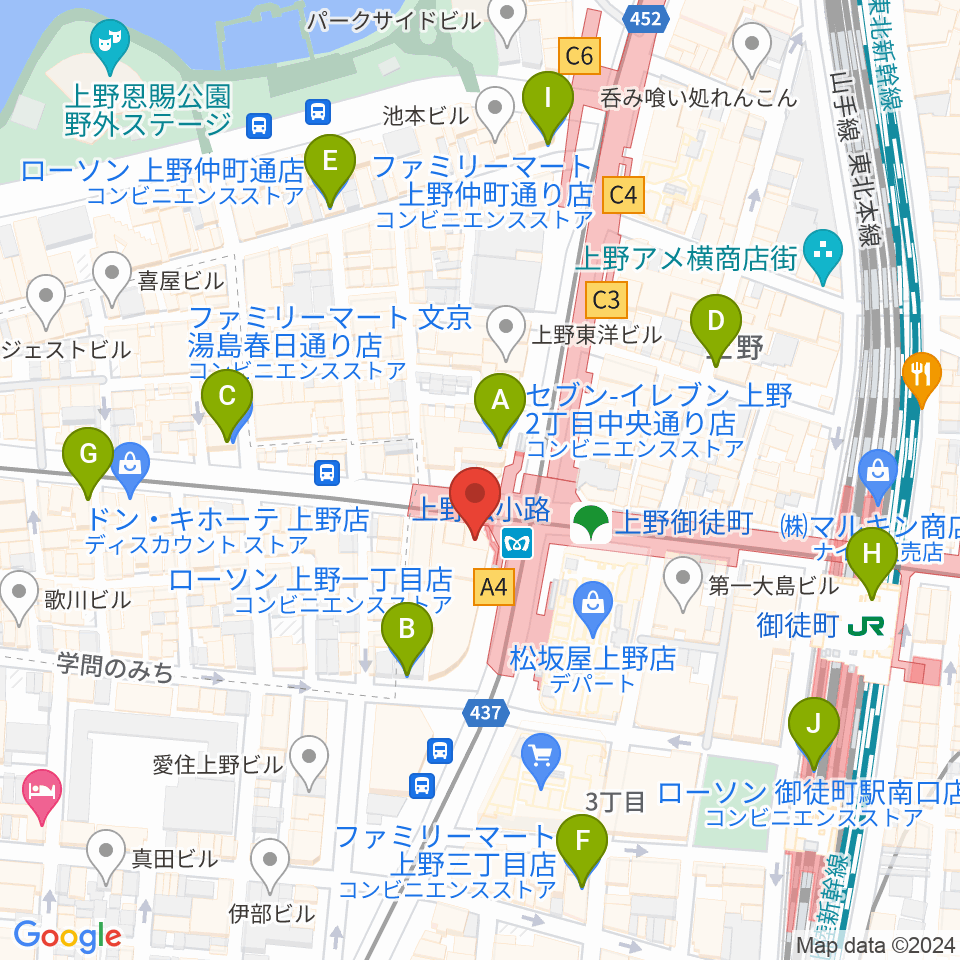 お江戸上野広小路亭周辺のコンビニエンスストア一覧地図