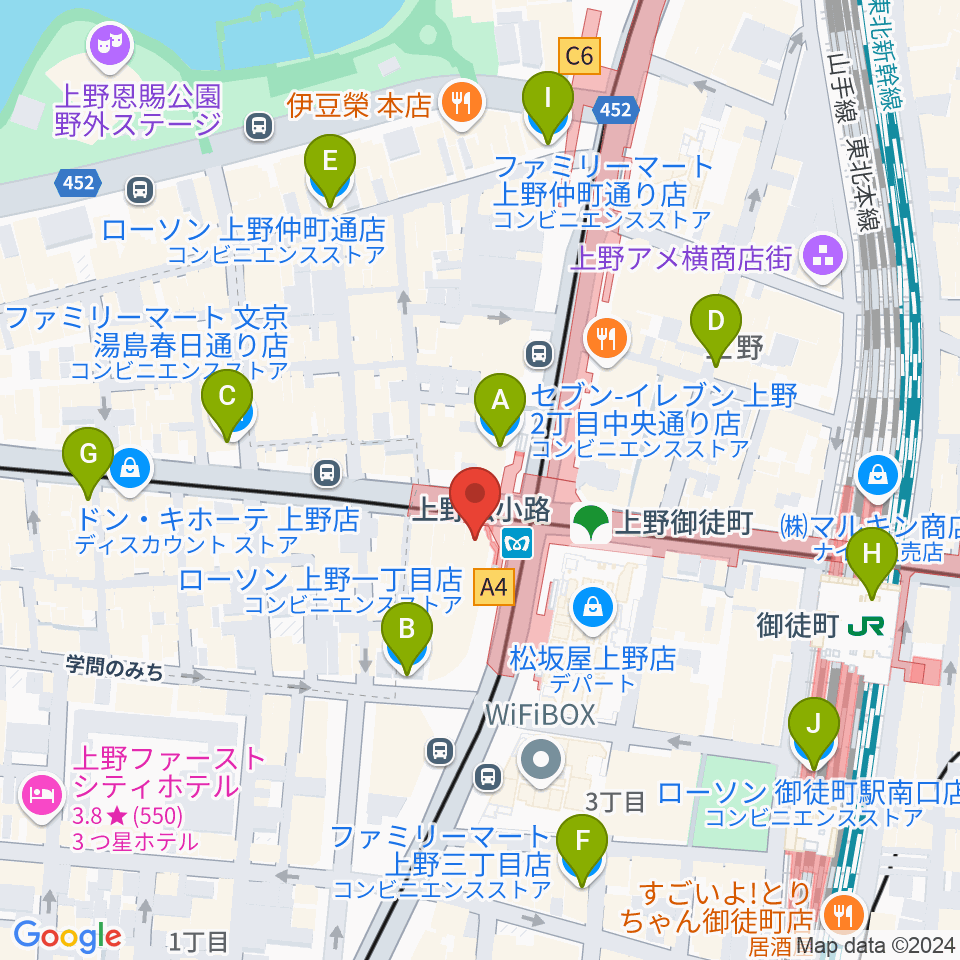 お江戸上野広小路亭周辺のコンビニエンスストア一覧地図