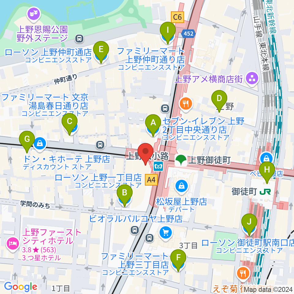 お江戸上野広小路亭周辺のコンビニエンスストア一覧地図