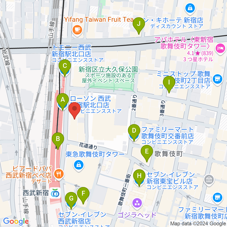 新宿Fu- 新宿永谷ホール周辺のコンビニエンスストア一覧地図