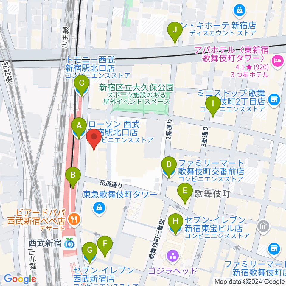 新宿Fu- 新宿永谷ホール周辺のコンビニエンスストア一覧地図