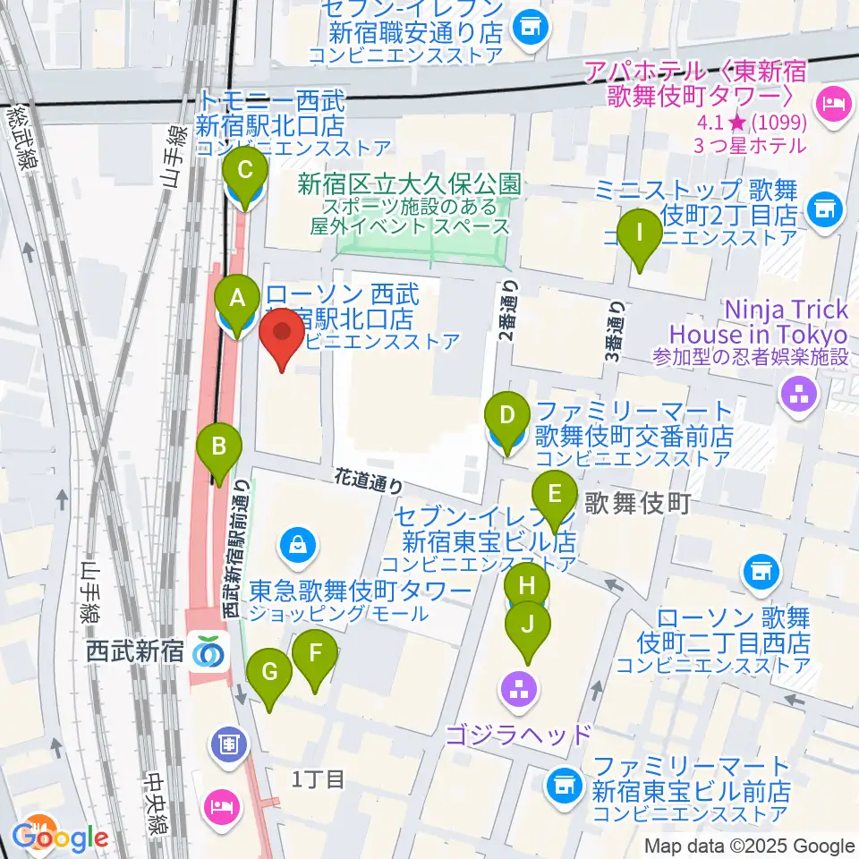 新宿Fu- 新宿永谷ホール周辺のコンビニエンスストア一覧地図