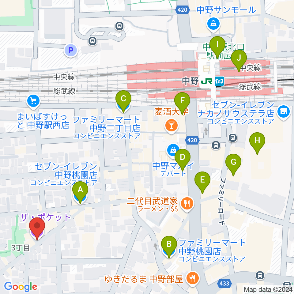 中野ザ・ポケット周辺のコンビニエンスストア一覧地図
