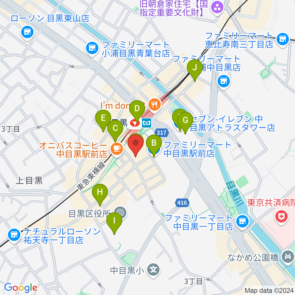 中目黒GTプラザホール周辺のコンビニエンスストア一覧地図