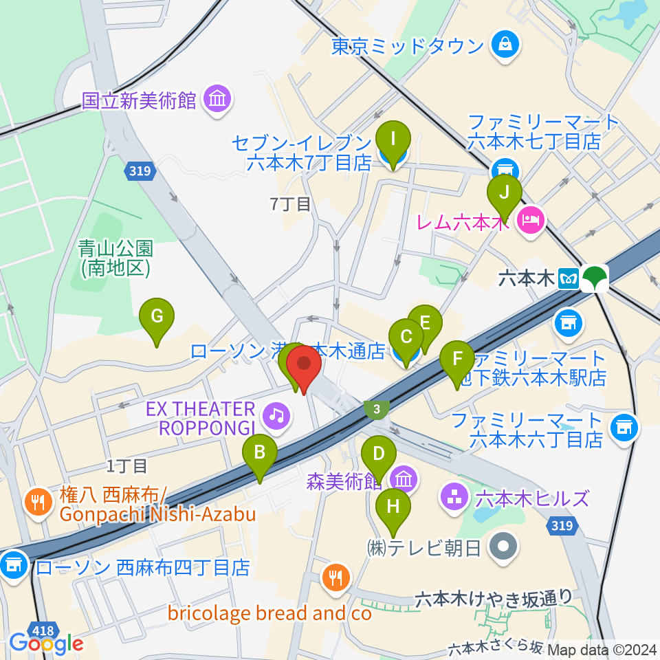 EXスタジオ六本木周辺のコンビニエンスストア一覧地図