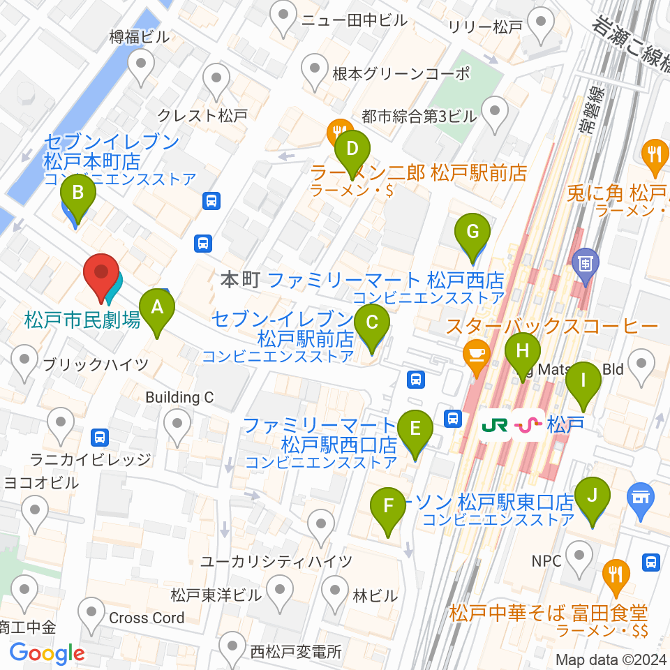 松戸市民劇場周辺のコンビニエンスストア一覧地図