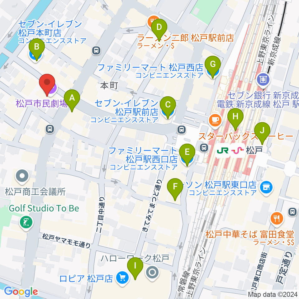 松戸市民劇場周辺のコンビニエンスストア一覧地図