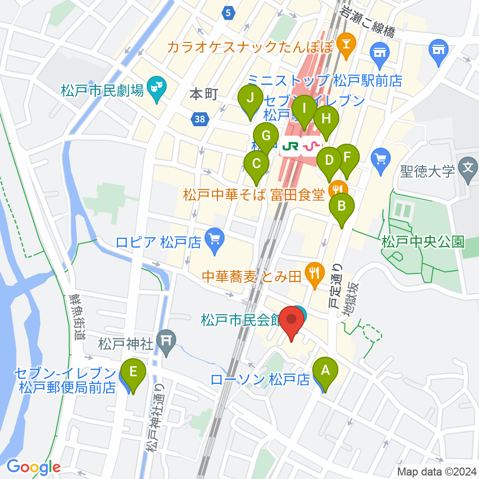 松戸市民会館周辺のコンビニエンスストア一覧地図