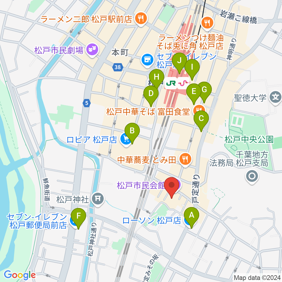 松戸市民会館周辺のコンビニエンスストア一覧地図