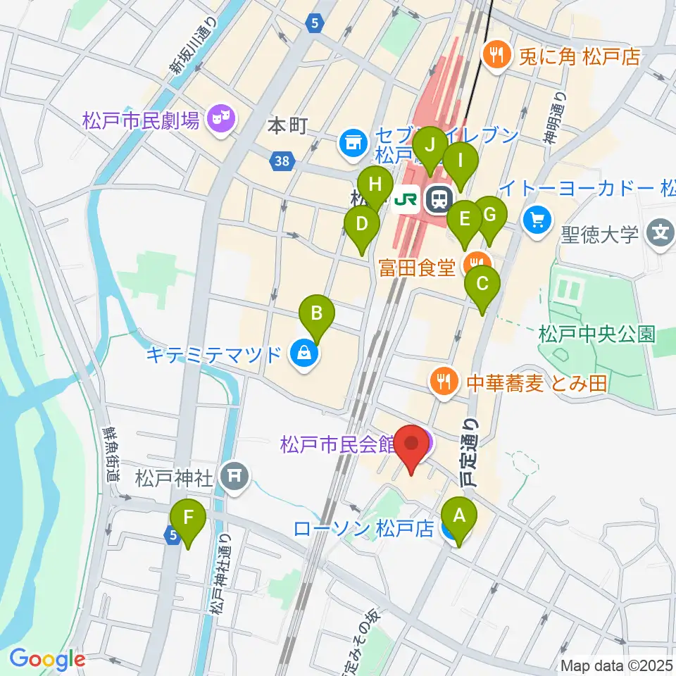 松戸市民会館周辺のコンビニエンスストア一覧地図