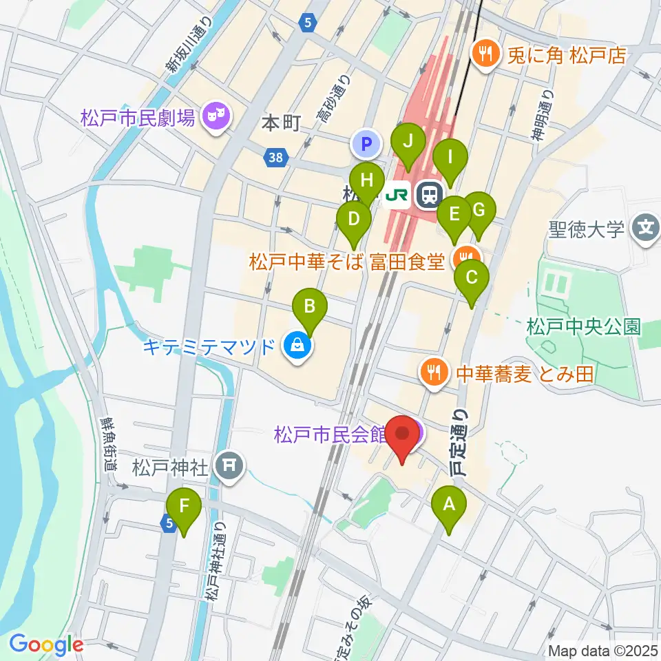 松戸市民会館周辺のコンビニエンスストア一覧地図