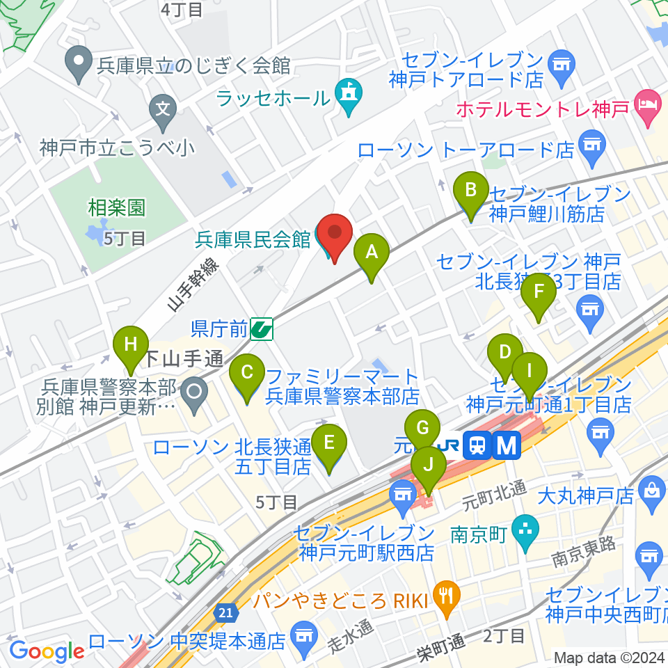 兵庫県民会館周辺のコンビニエンスストア一覧地図