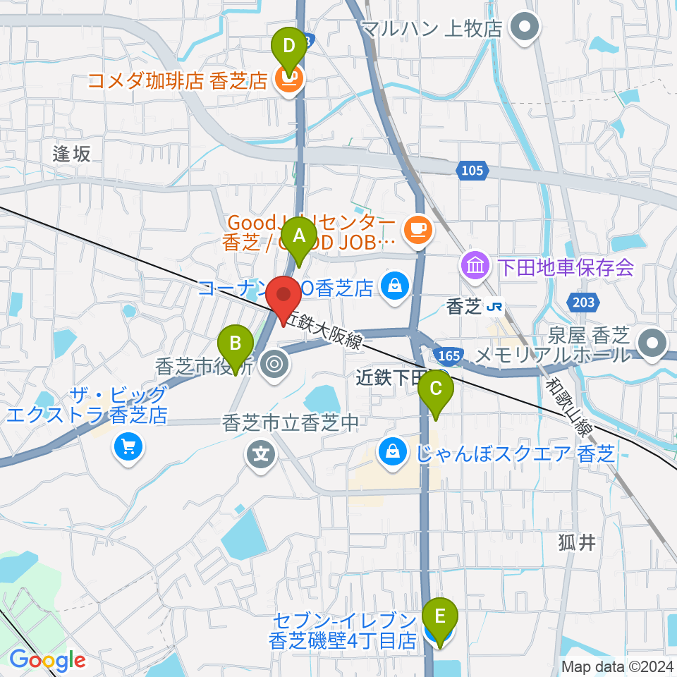 香芝市ふたかみ文化センター周辺のコンビニエンスストア一覧地図