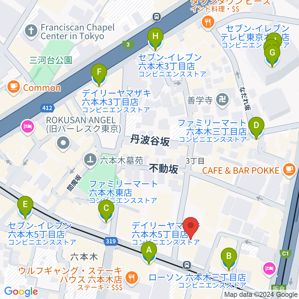 六本木クラップス周辺のコンビニエンスストア一覧地図