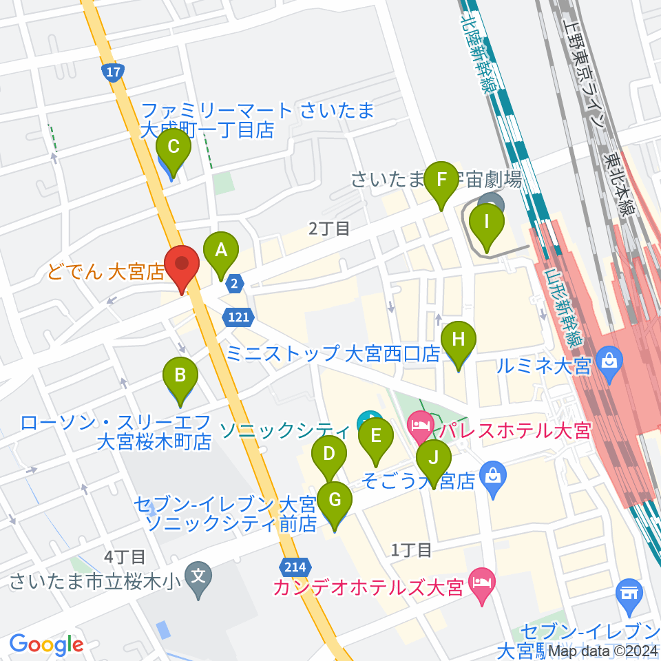 大宮B+ ビープラス周辺のコンビニエンスストア一覧地図