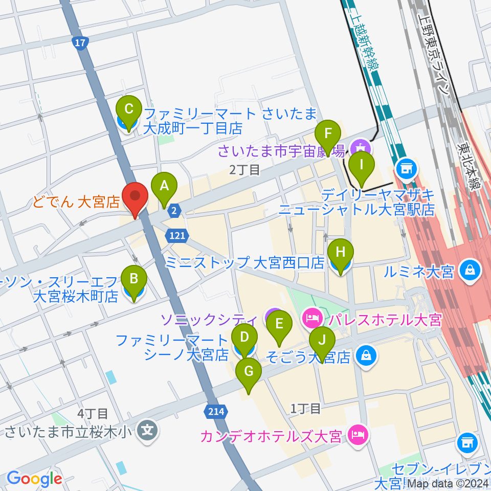 大宮B+ ビープラス周辺のコンビニエンスストア一覧地図