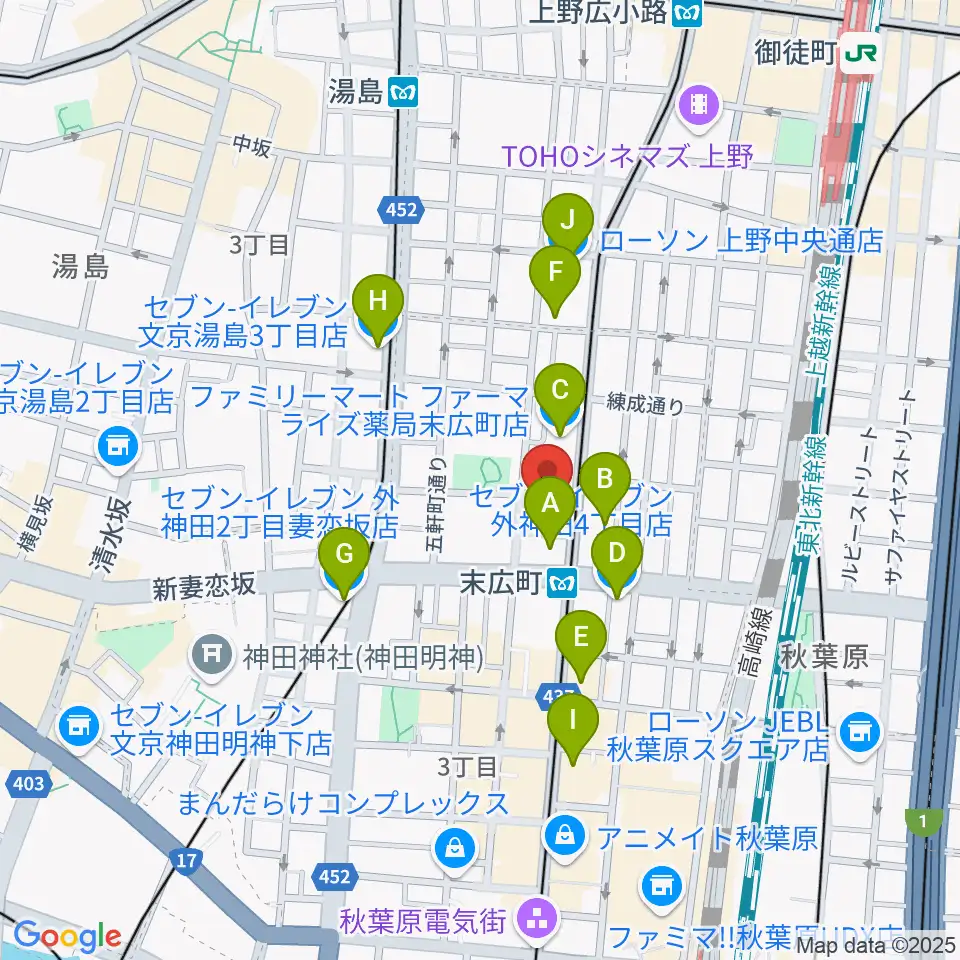 サウンドスタジオノア 秋葉原店周辺のコンビニエンスストア一覧地図