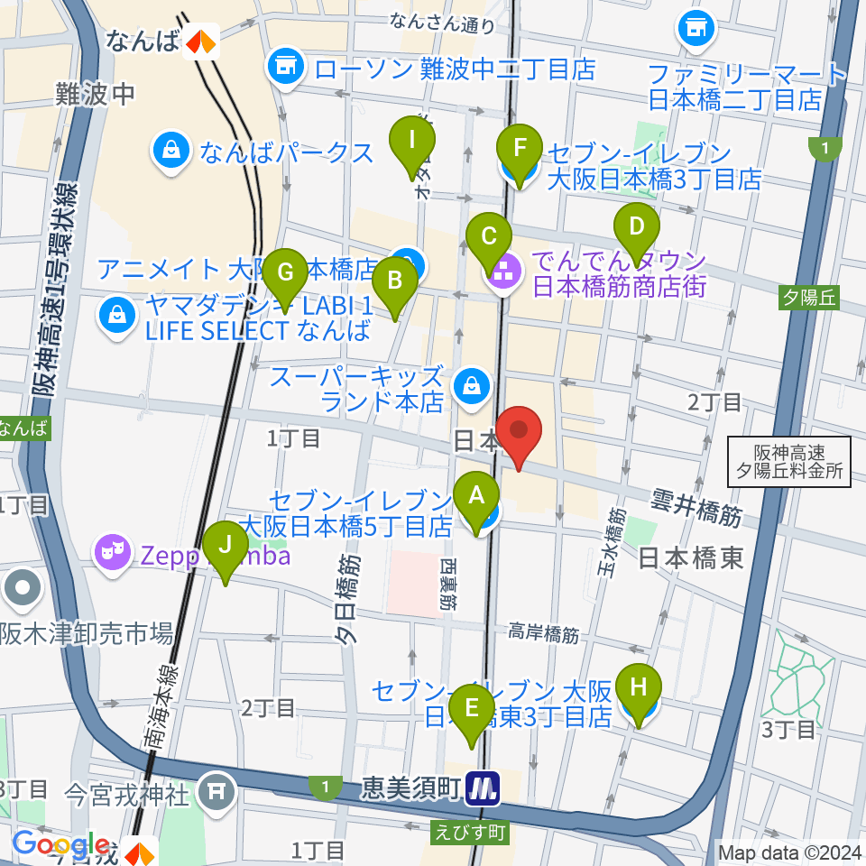 サウンドノート大阪・フェアリーテイルズ大阪周辺のコンビニエンスストア一覧地図