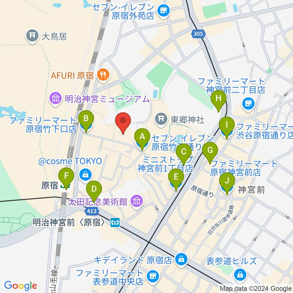 原宿ストロボカフェ周辺のコンビニエンスストア一覧地図