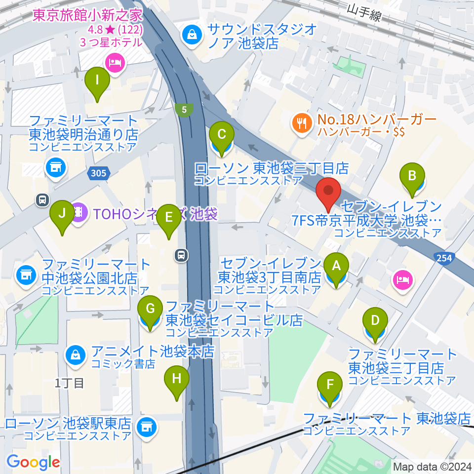 コアミュージックスクール 池袋校周辺のコンビニエンスストア一覧地図