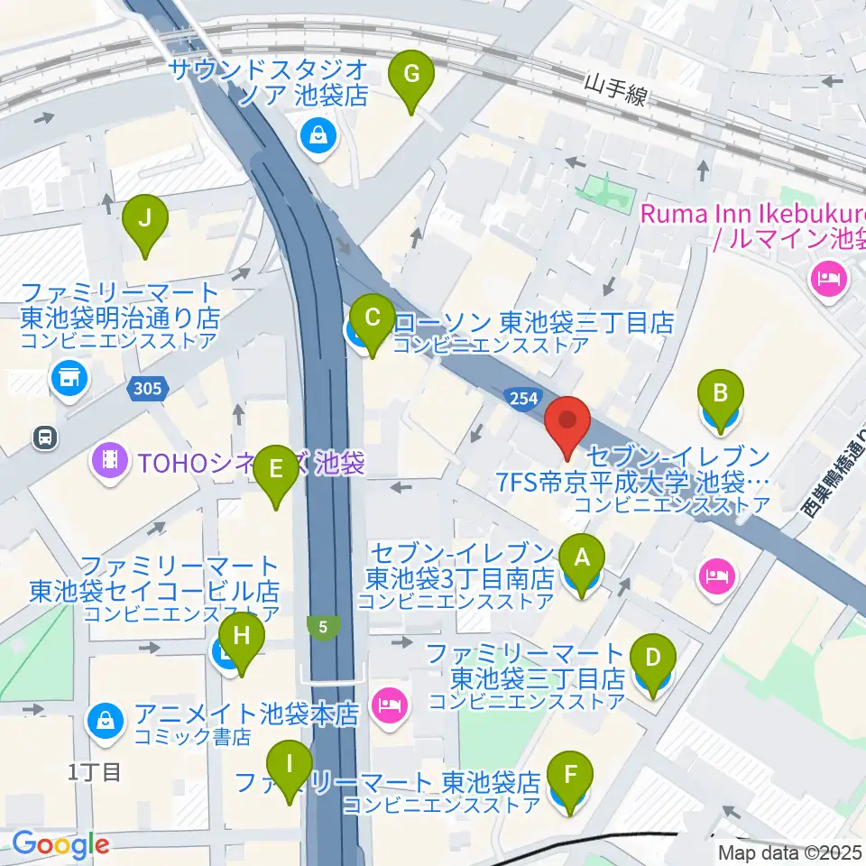 コアミュージックスクール 池袋校周辺のコンビニエンスストア一覧地図