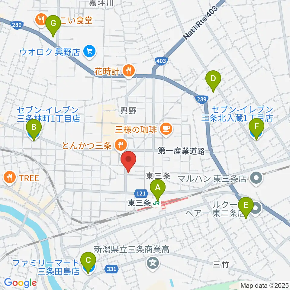 わたじん楽器 三条店周辺のコンビニエンスストア一覧地図