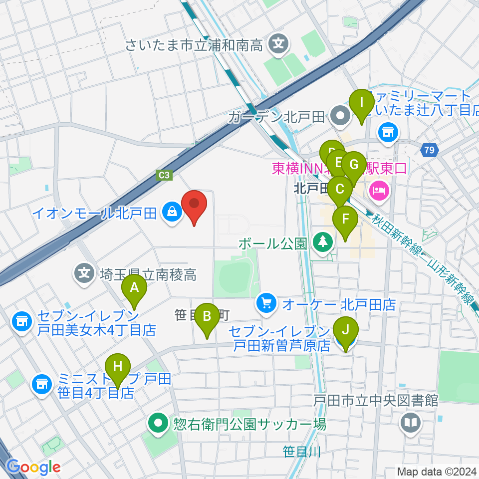 山野楽器 イオンモール北戸田店周辺のコンビニエンスストア一覧地図