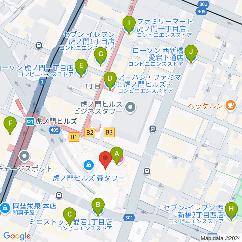 虎ノ門ヒルズフォーラム周辺のコンビニエンスストア一覧地図