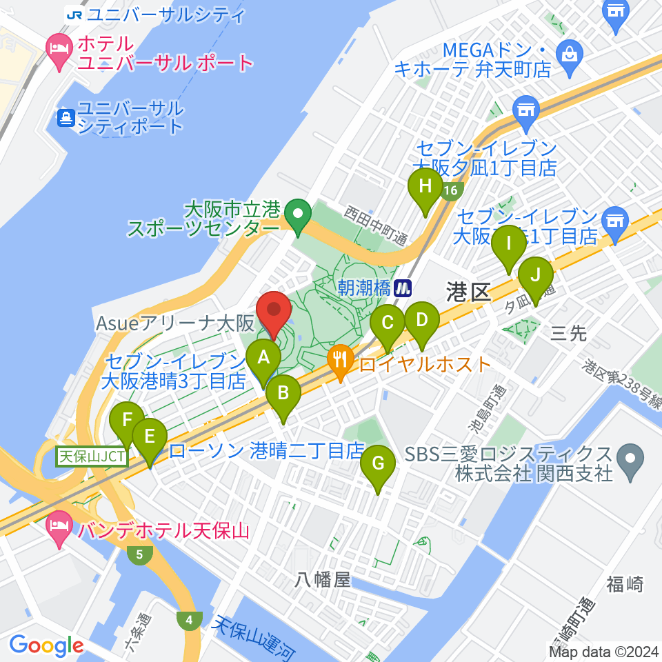 Asueアリーナ大阪周辺のコンビニエンスストア一覧地図