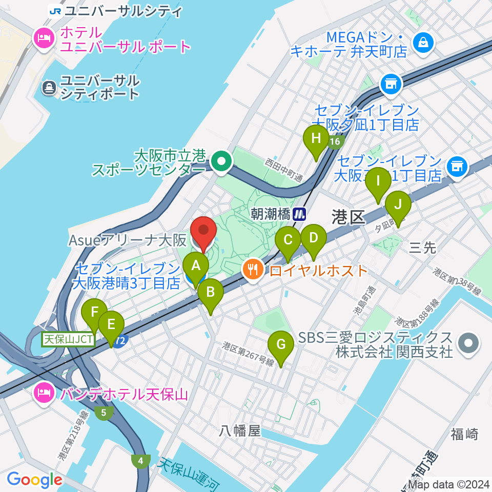 Asueアリーナ大阪周辺のコンビニエンスストア一覧地図