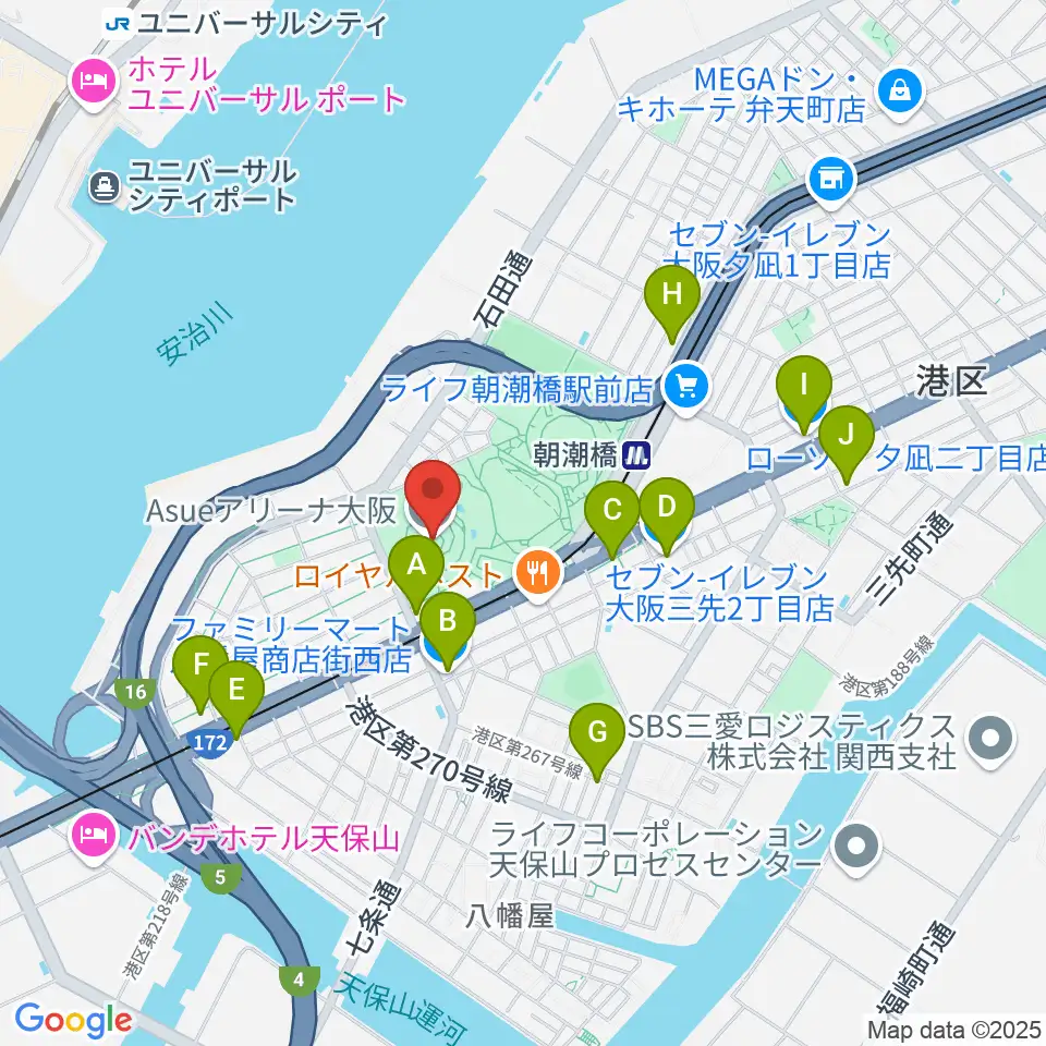 Asueアリーナ大阪周辺のコンビニエンスストア一覧地図