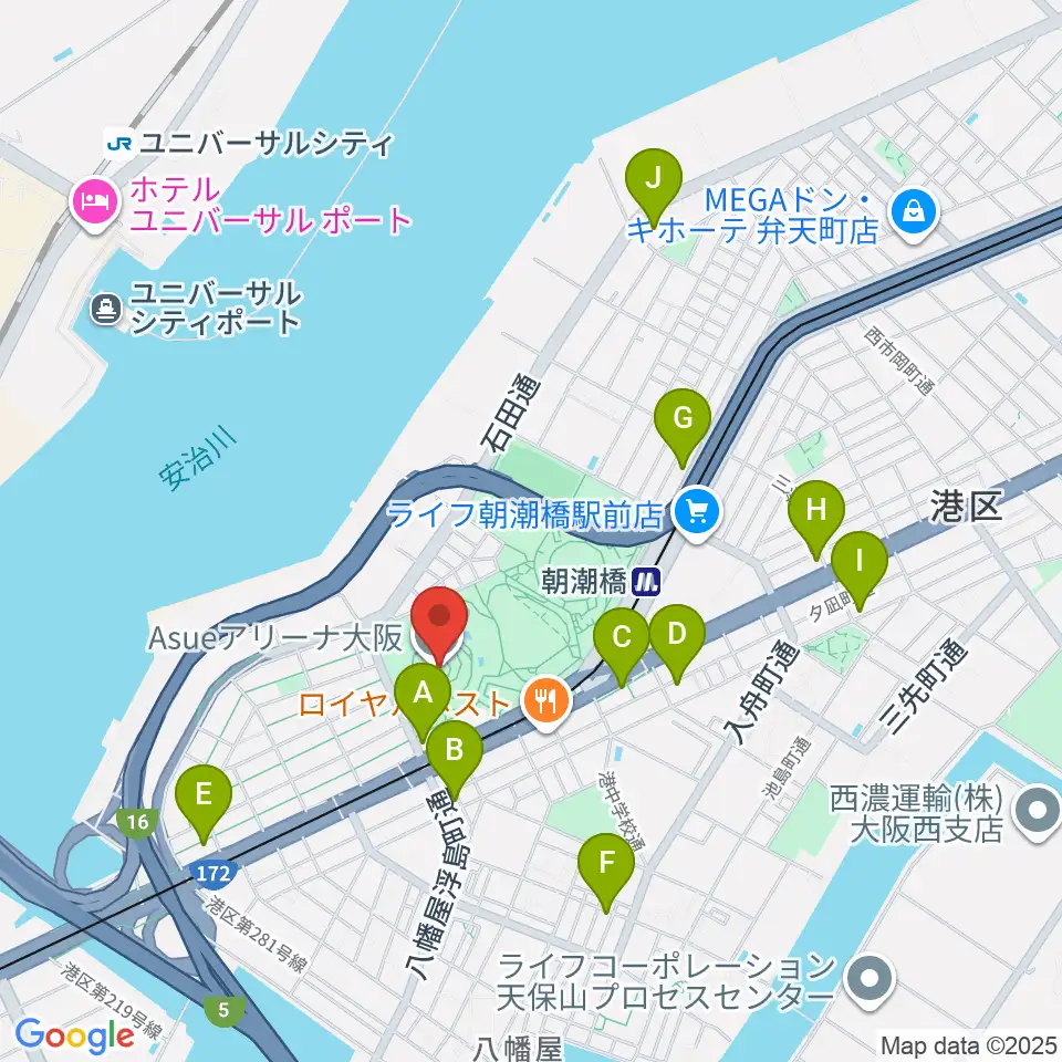 Asueアリーナ大阪周辺のコンビニエンスストア一覧地図