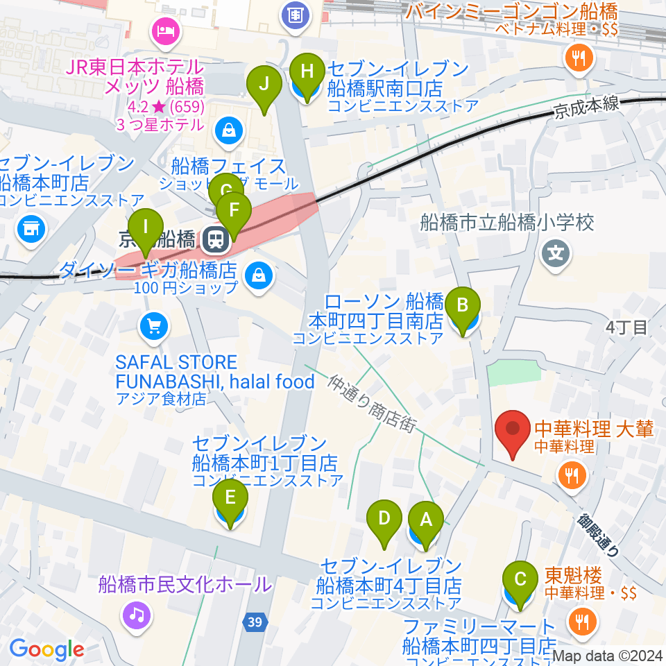 船橋市勤労市民センター周辺のコンビニエンスストア一覧地図