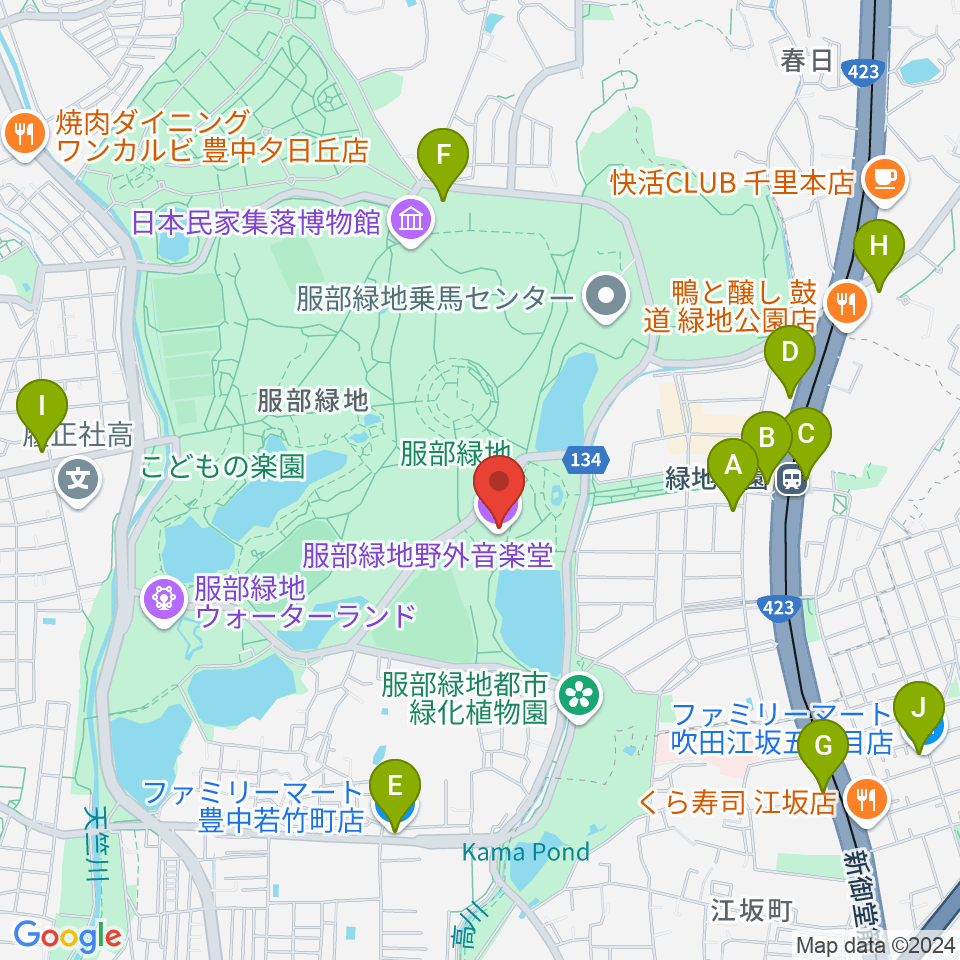 服部緑地野外音楽堂周辺のコンビニエンスストア一覧地図