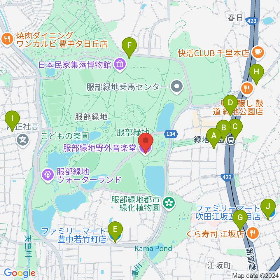 服部緑地野外音楽堂周辺のコンビニエンスストア一覧地図