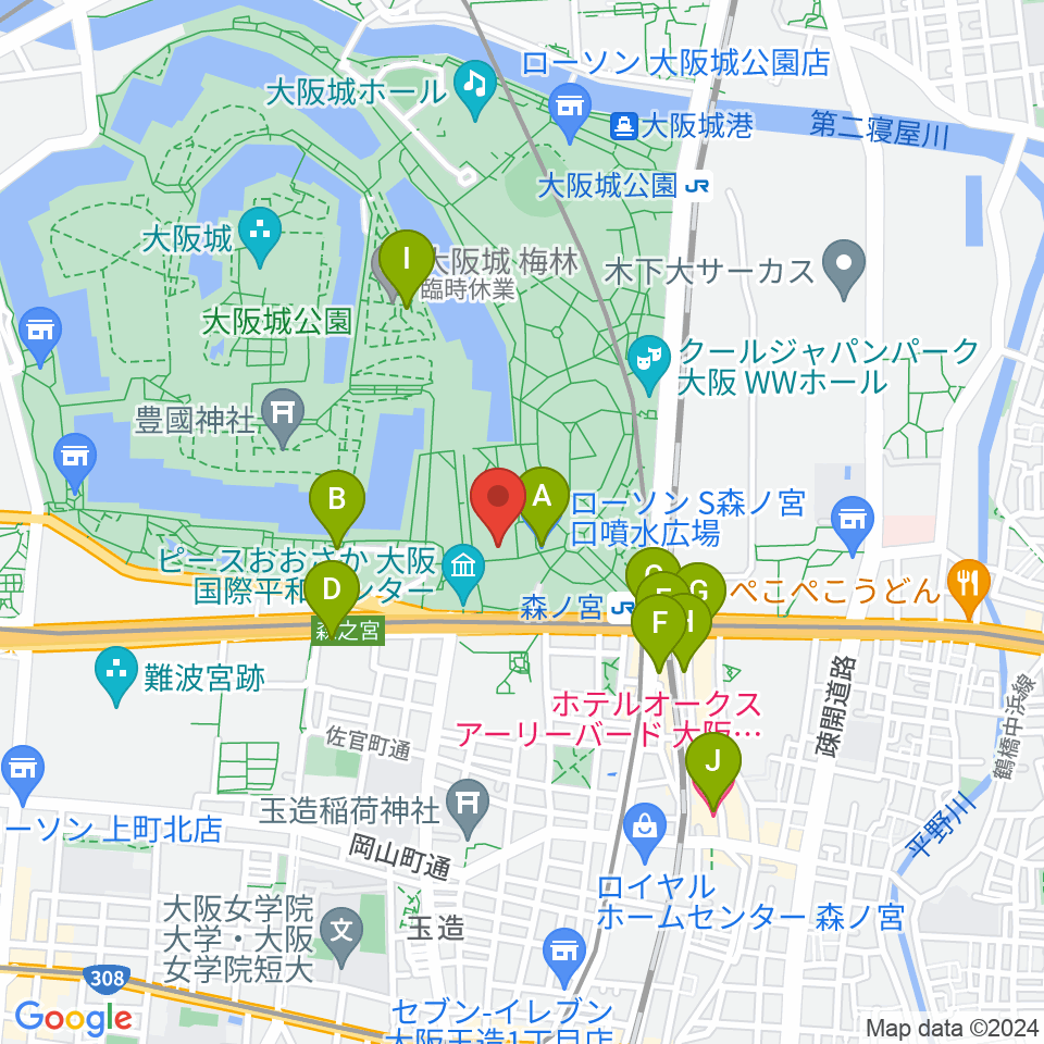 大阪城音楽堂周辺のコンビニエンスストア一覧地図