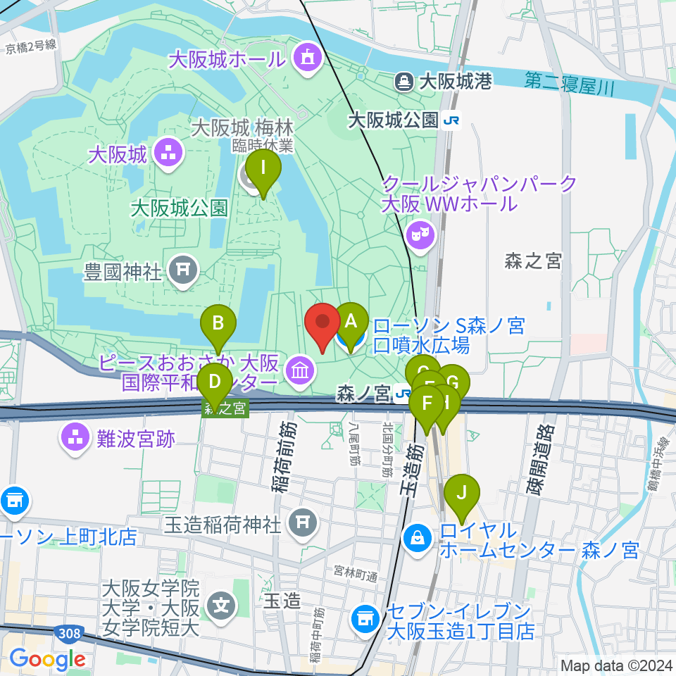 大阪城音楽堂周辺のコンビニエンスストア一覧地図