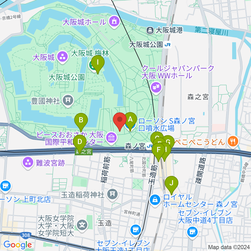 大阪城音楽堂周辺のコンビニエンスストア一覧地図