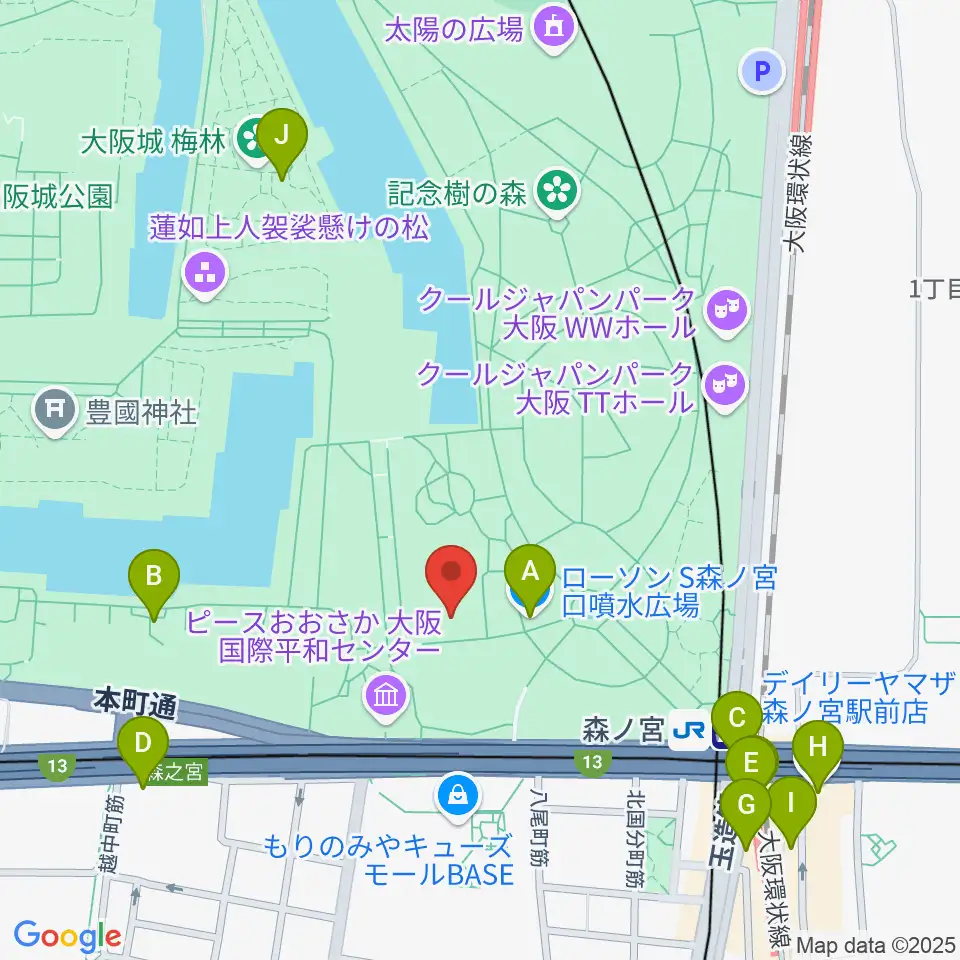 大阪城音楽堂周辺のコンビニエンスストア一覧地図
