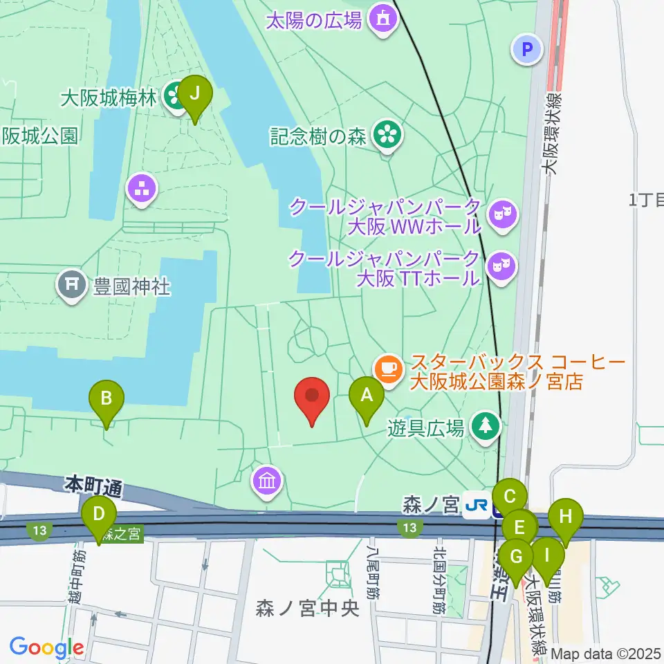 大阪城音楽堂周辺のコンビニエンスストア一覧地図