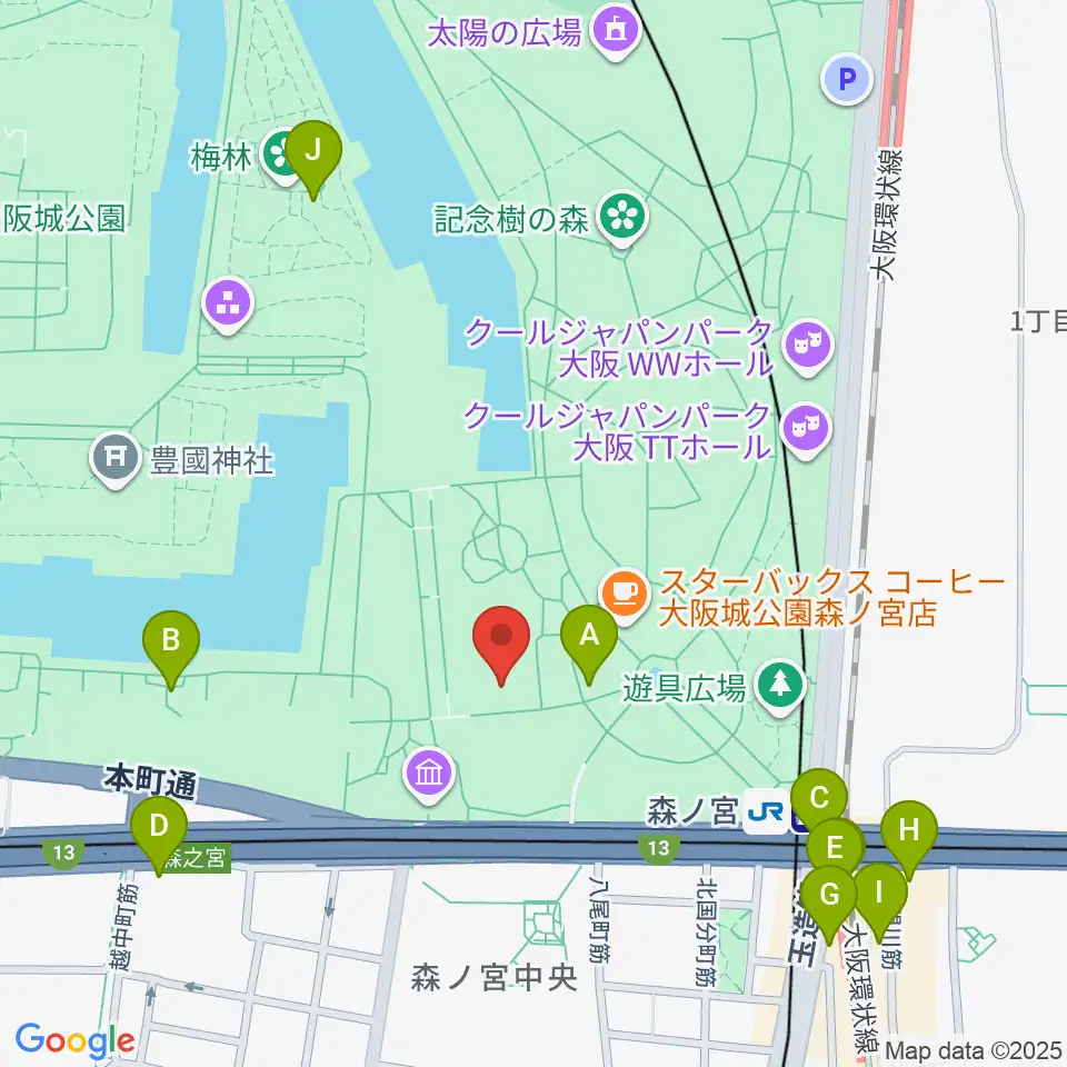 大阪城音楽堂周辺のコンビニエンスストア一覧地図